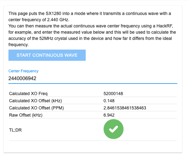 A WebUI page for continuous wave test mode