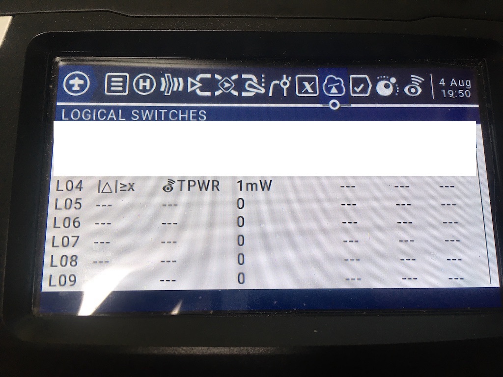 OpenTX logical switch page, L04 is set to absolute delta equal or larger than x, TPWR, 1mW