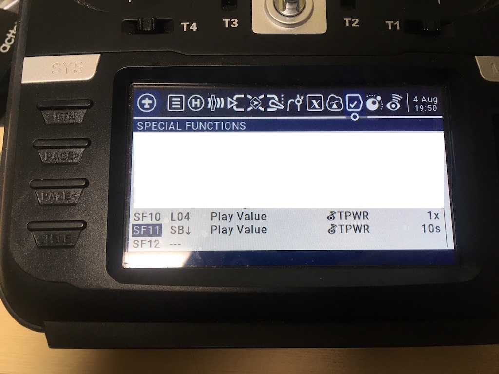 OpenTX Special function page, SF10 is set to L04, Play Value, TPWR, 1x. SF11 is set to SB1 down, Play Value, TPWR, 10s