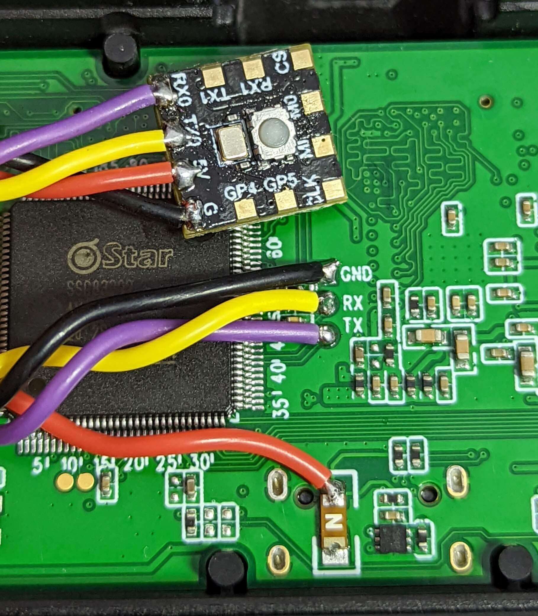 RX5.1 wiring diagram - GND-GND, TX-RX, RX-TX, 5V from the inner edge of voltage regulator "N"